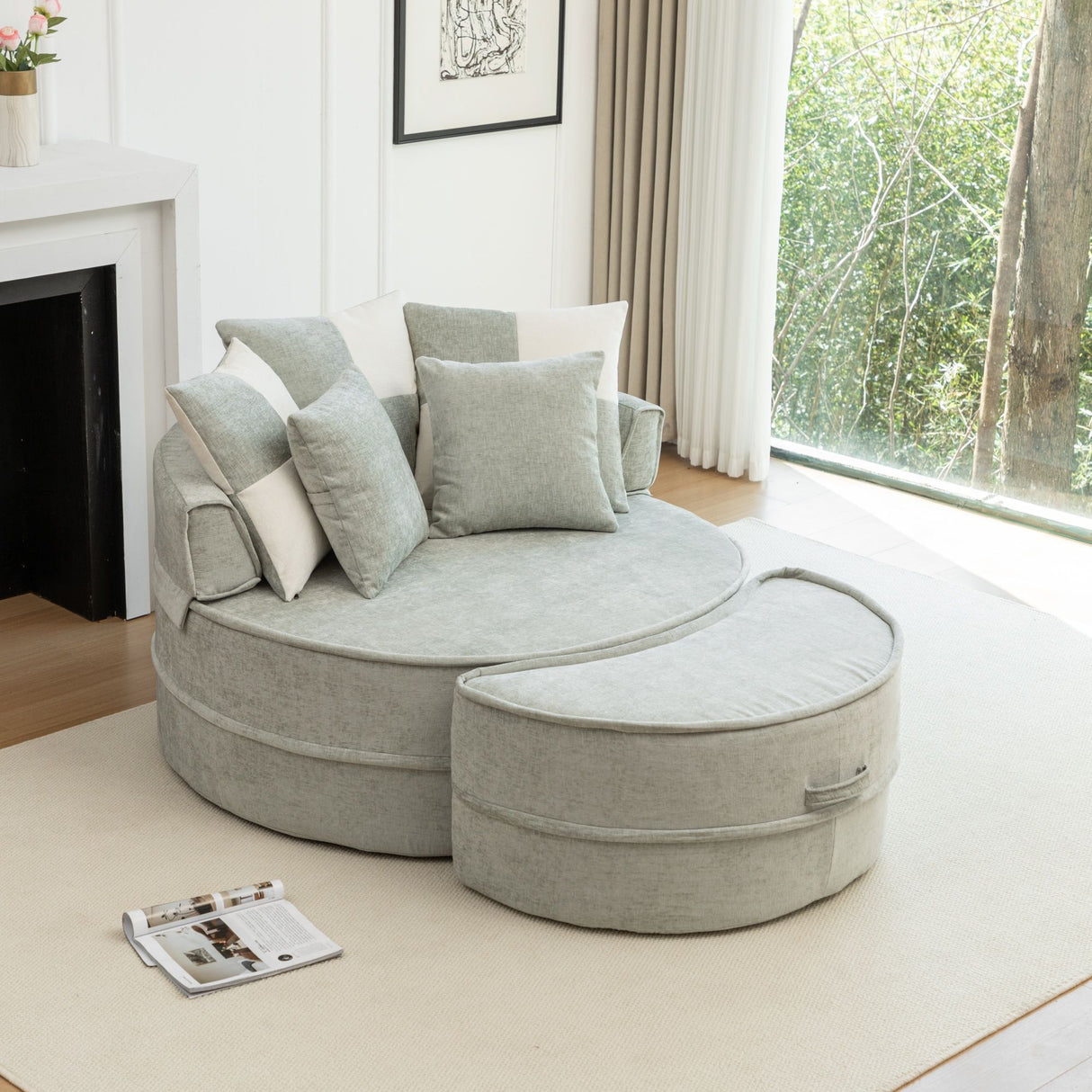 Modern Oversized Round Barrel Accent Chair With Ottoman