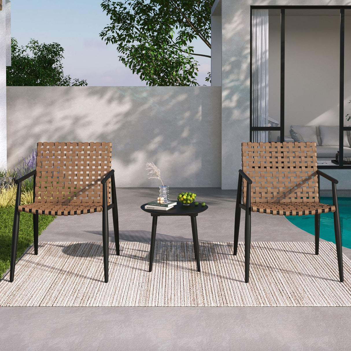 Outdoor Chat Set, 2 Chairs & Side Table - Black / Brown
