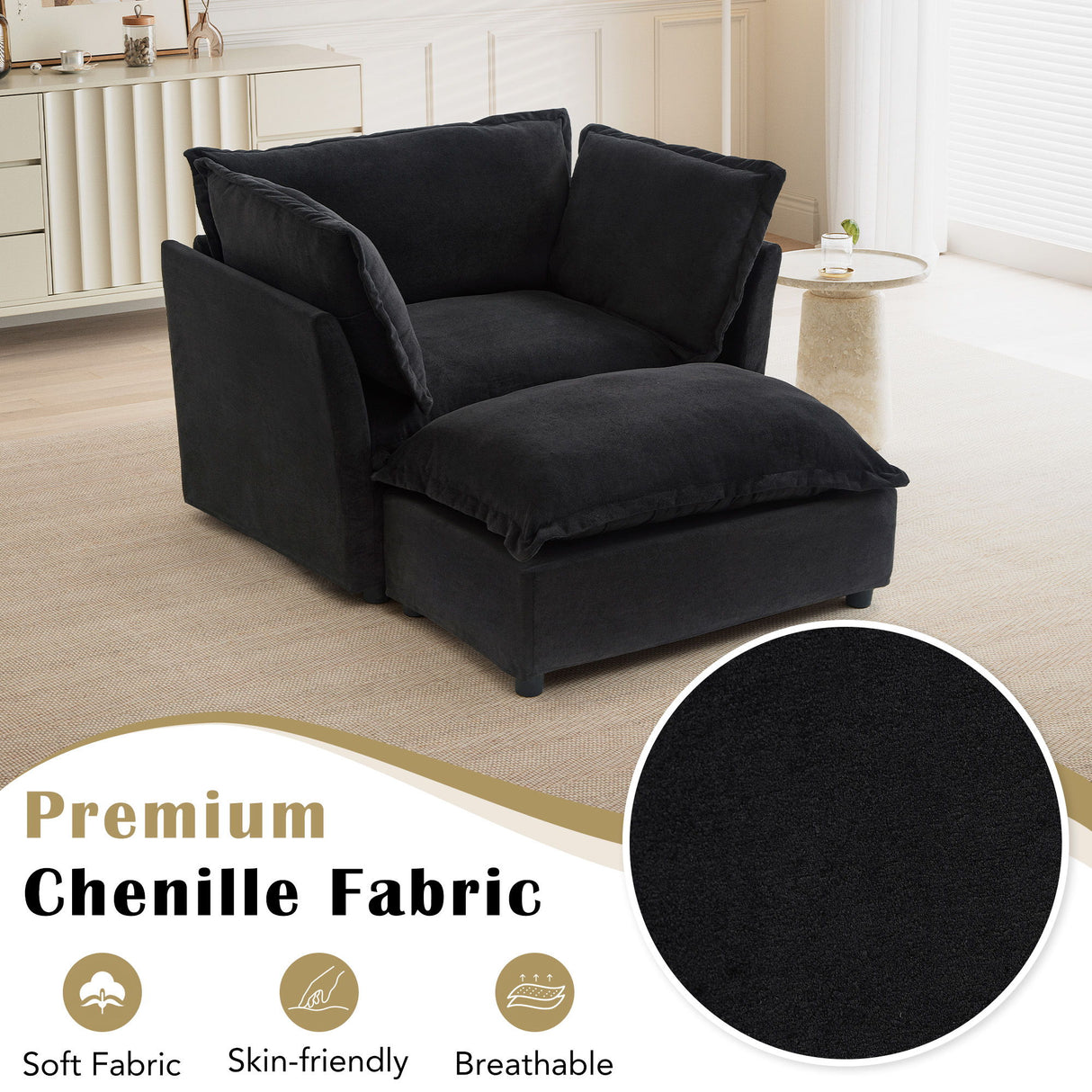 Modern Cozy Upholstered Armchair Sofa With Movable Ottoman