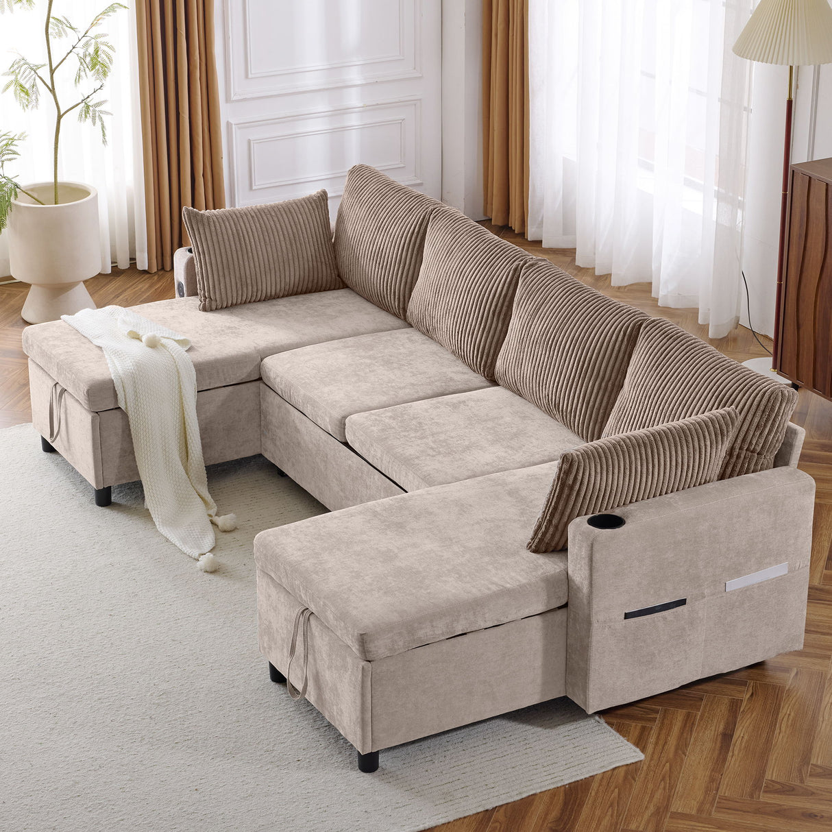 Sectional Sofa Bed With Pull Out Sleeper, USB Ports, Cup Holders