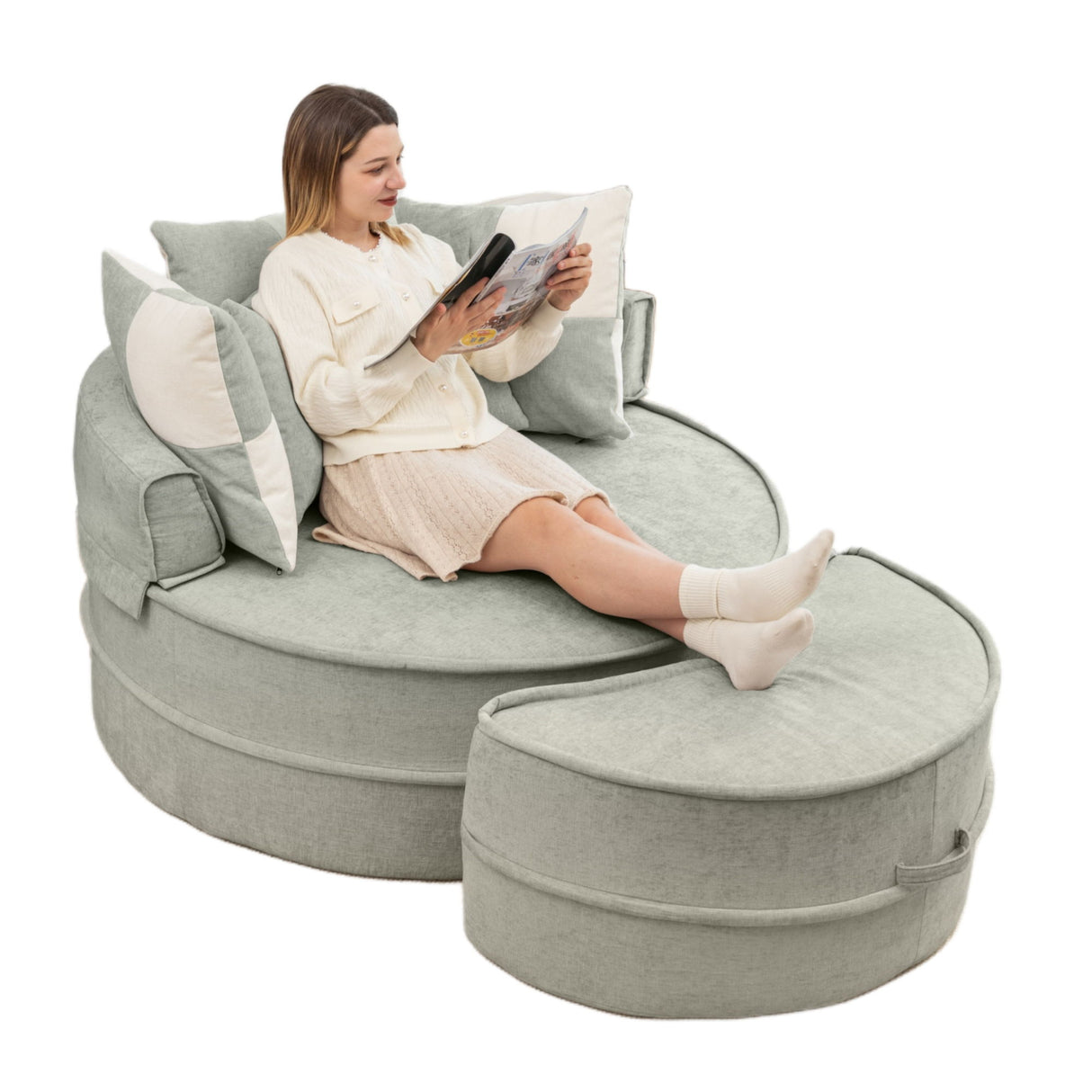 Modern Oversized Round Barrel Accent Chair With Ottoman