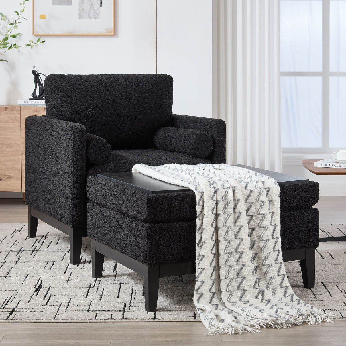 Farmhouse Upholstered Accent Chair With Ottoman, Reversible Lid Coffee Table