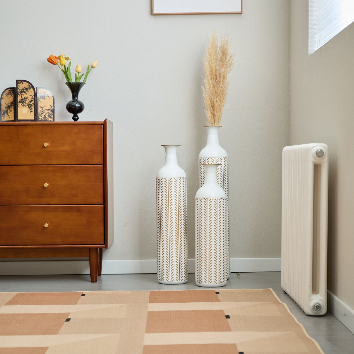 Floor Metal Vase Modern Style Decoration Home Metal Vase 3 Piece Set Gorgeous Home Decoration Large Glazed Metal Vase - Gold / White