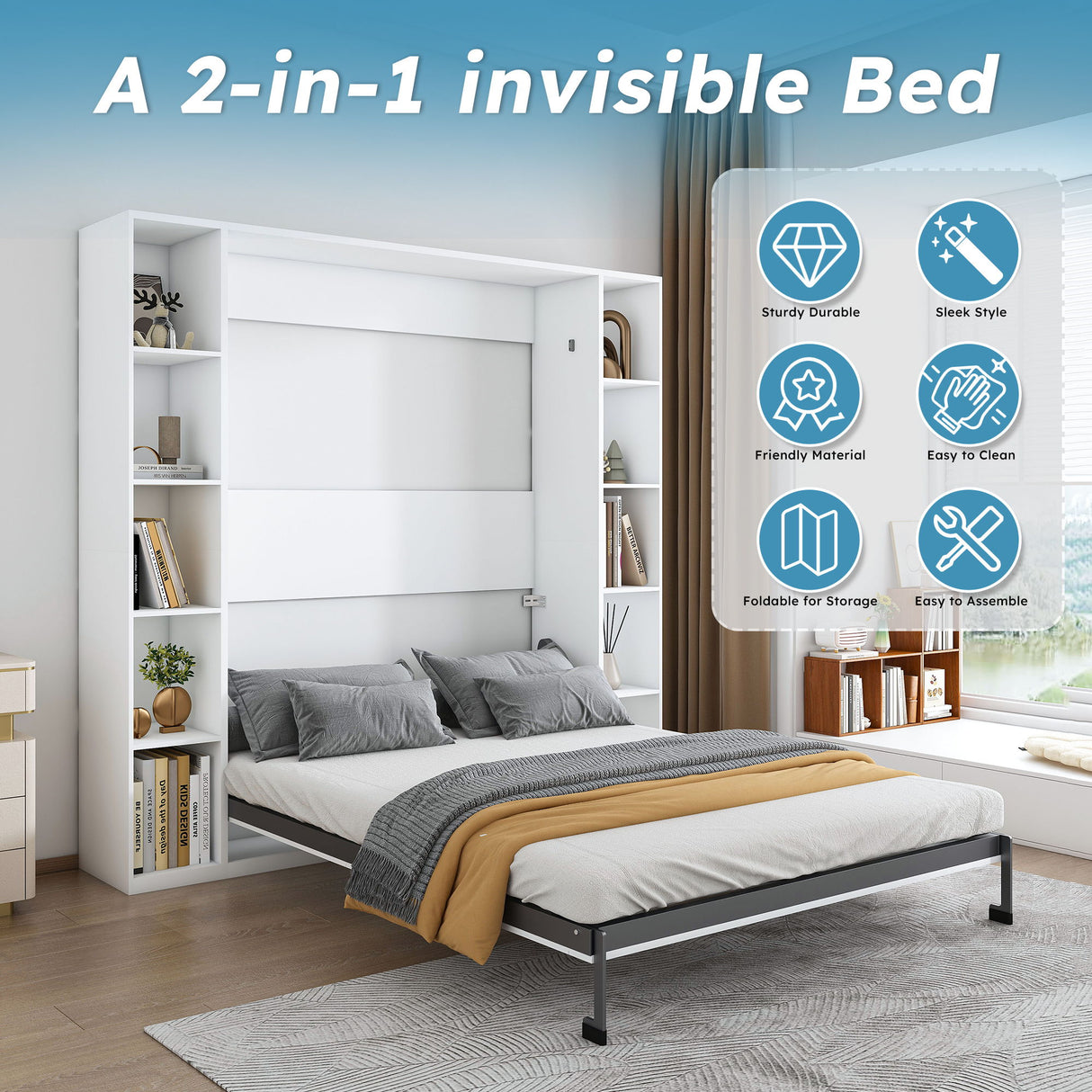 Queen Murphy Bed With Storage Cabinet - White