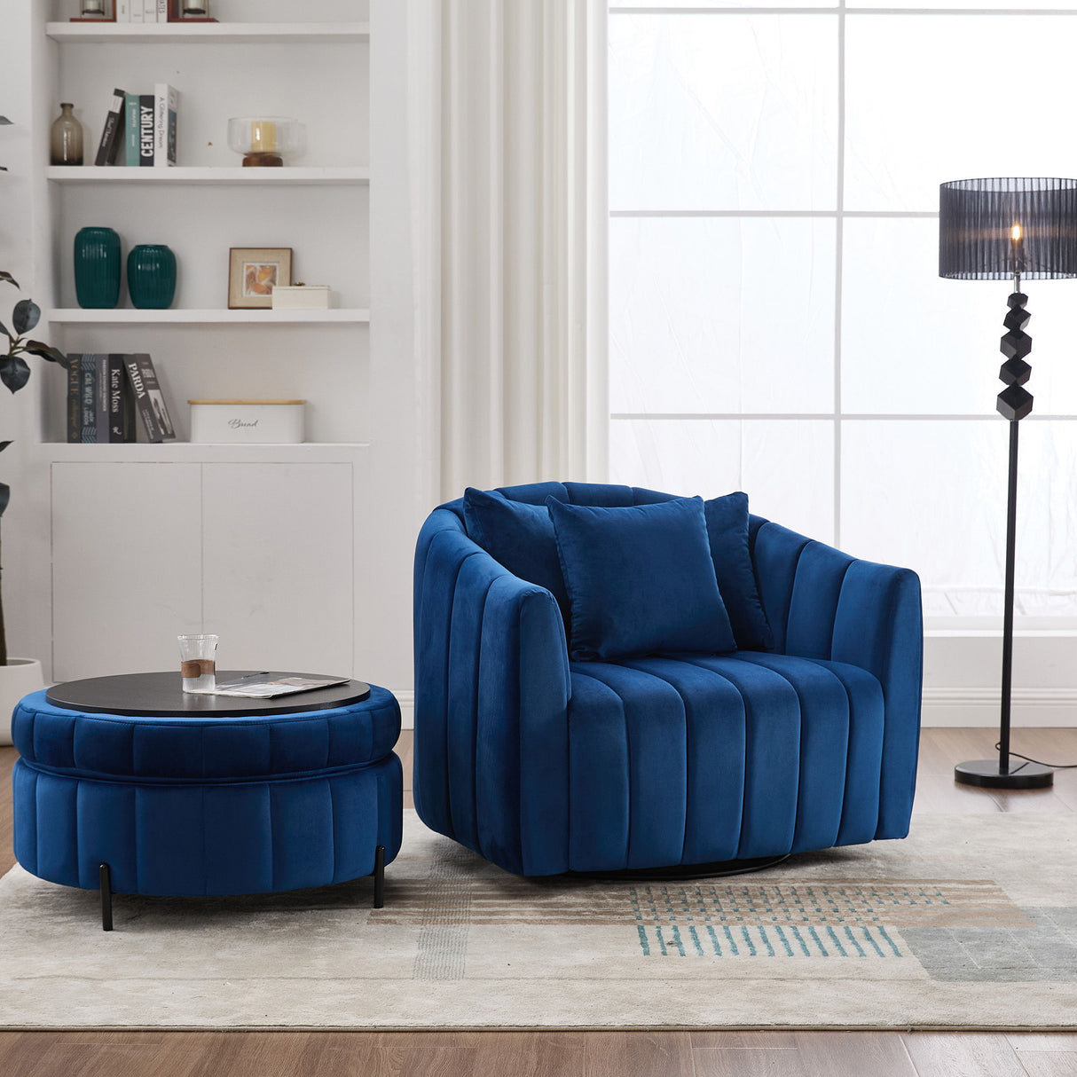 Oversized Velvet Swivel Barrel Accent Chair And Ottoman Set With Storage