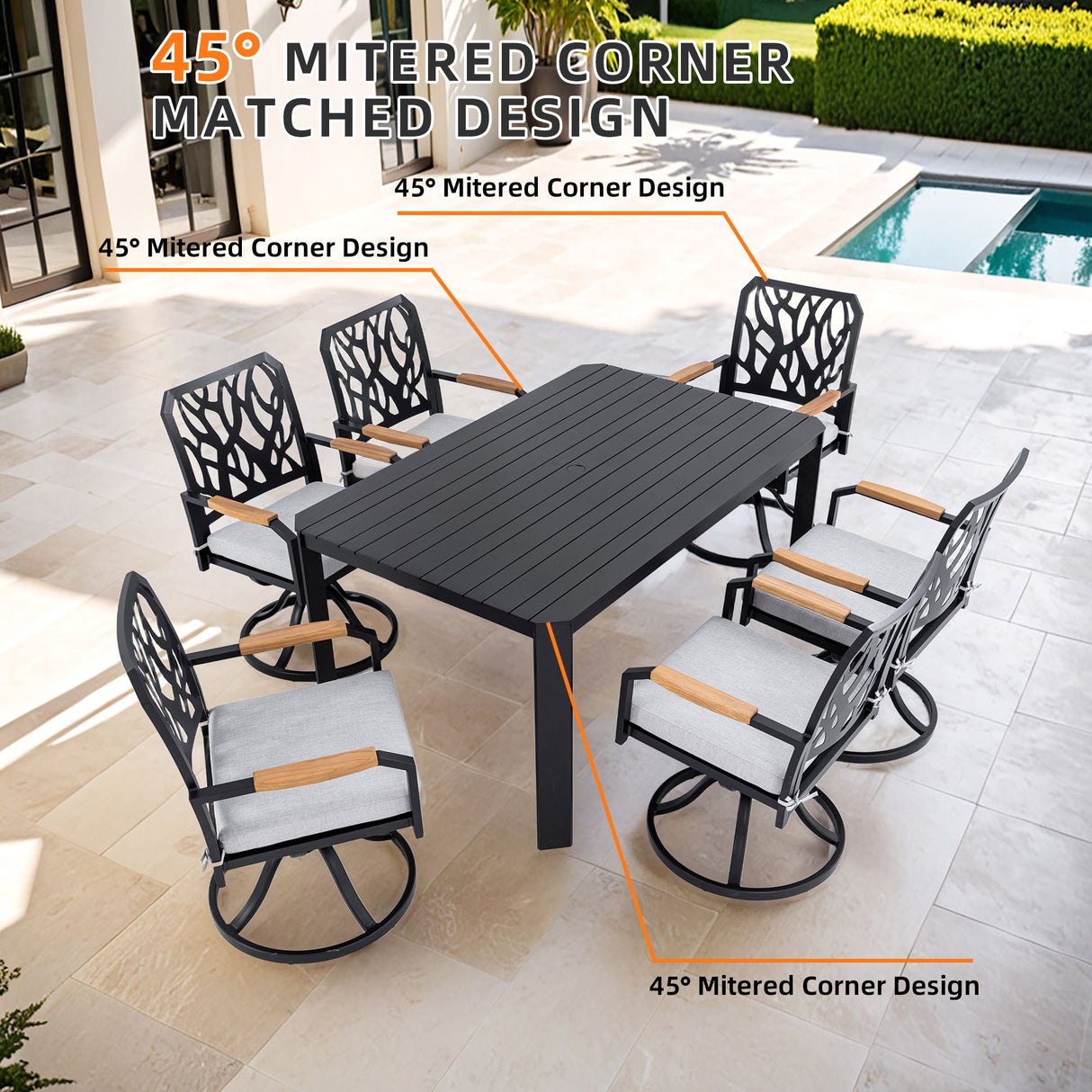 Outdoor Patio Furniture Dining Set With Sunbrella Fabric, Rectangular Table With Umbrella Hole