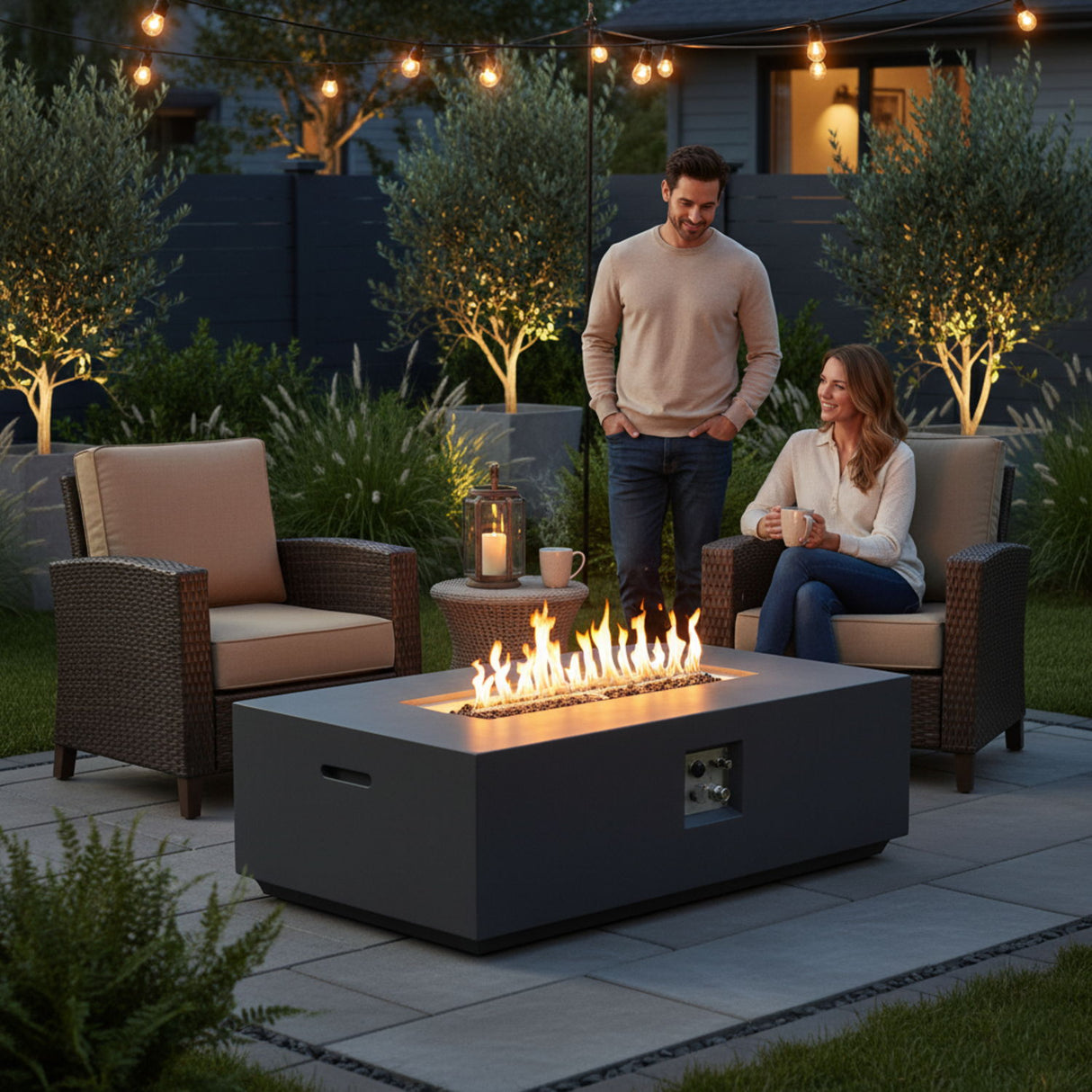 Volon - Rectangular Fire Pit Table, Propane Powered, 50,000 BTU - Light Gray