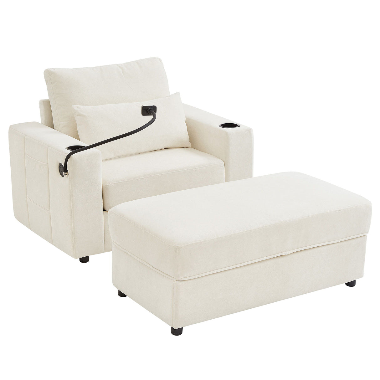 Modern Style Armchair Chaise Lounge Sofa Couch With Movable Storage Ottoman, USB Ports, Cup Holders, Phone Holder, Side Pockets