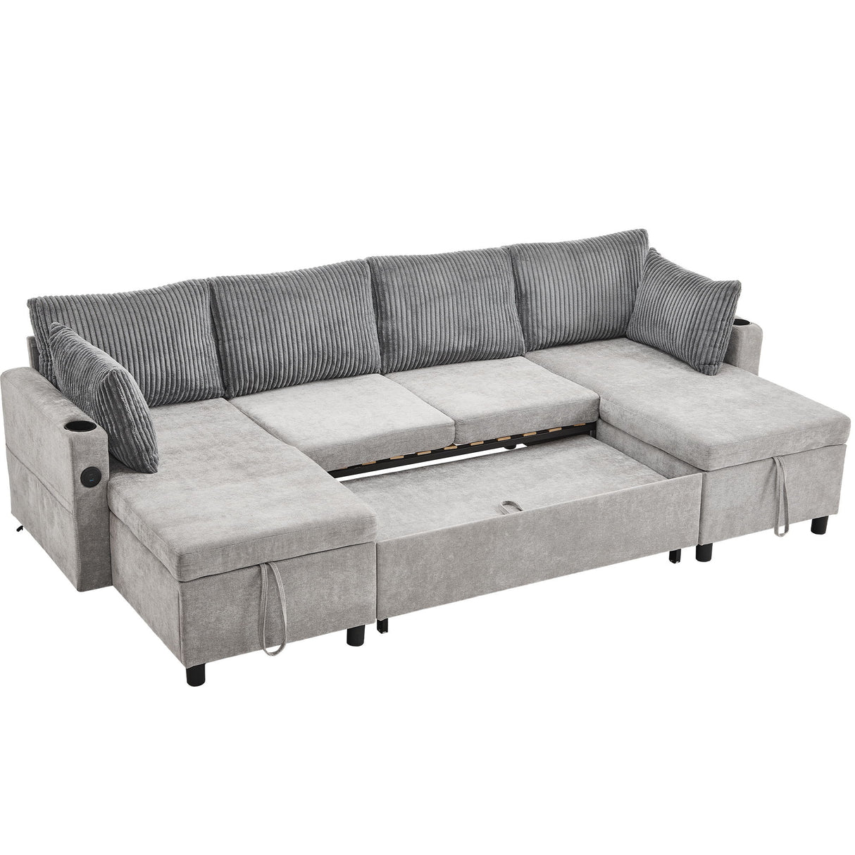 Sectional Sofa Bed With Pull Out Sleeper, USB Ports, Cup Holders