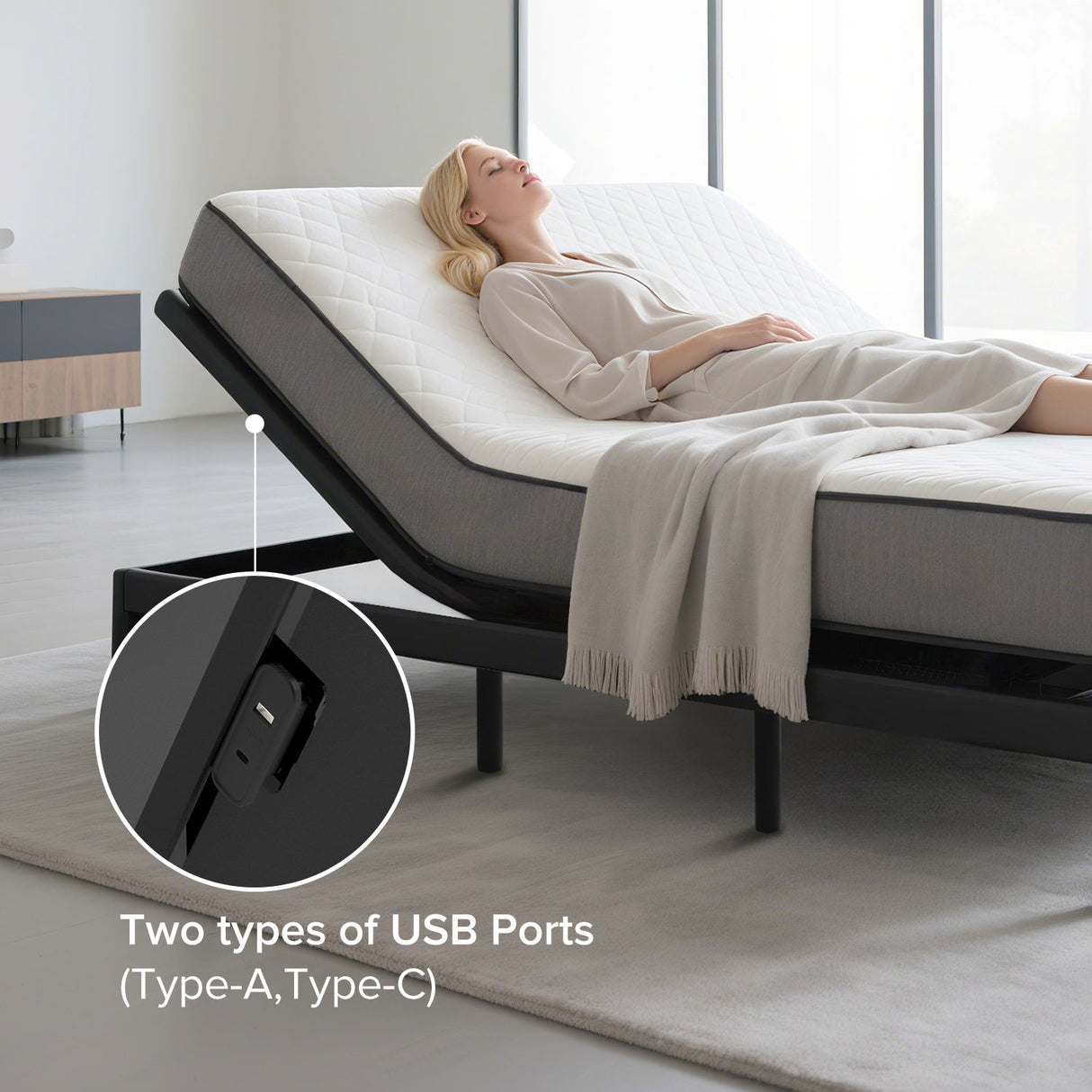 Adjustable Bed Frame With Massage Head & Foot Incline, Wireless Remote, USB Ports, LED Night Light