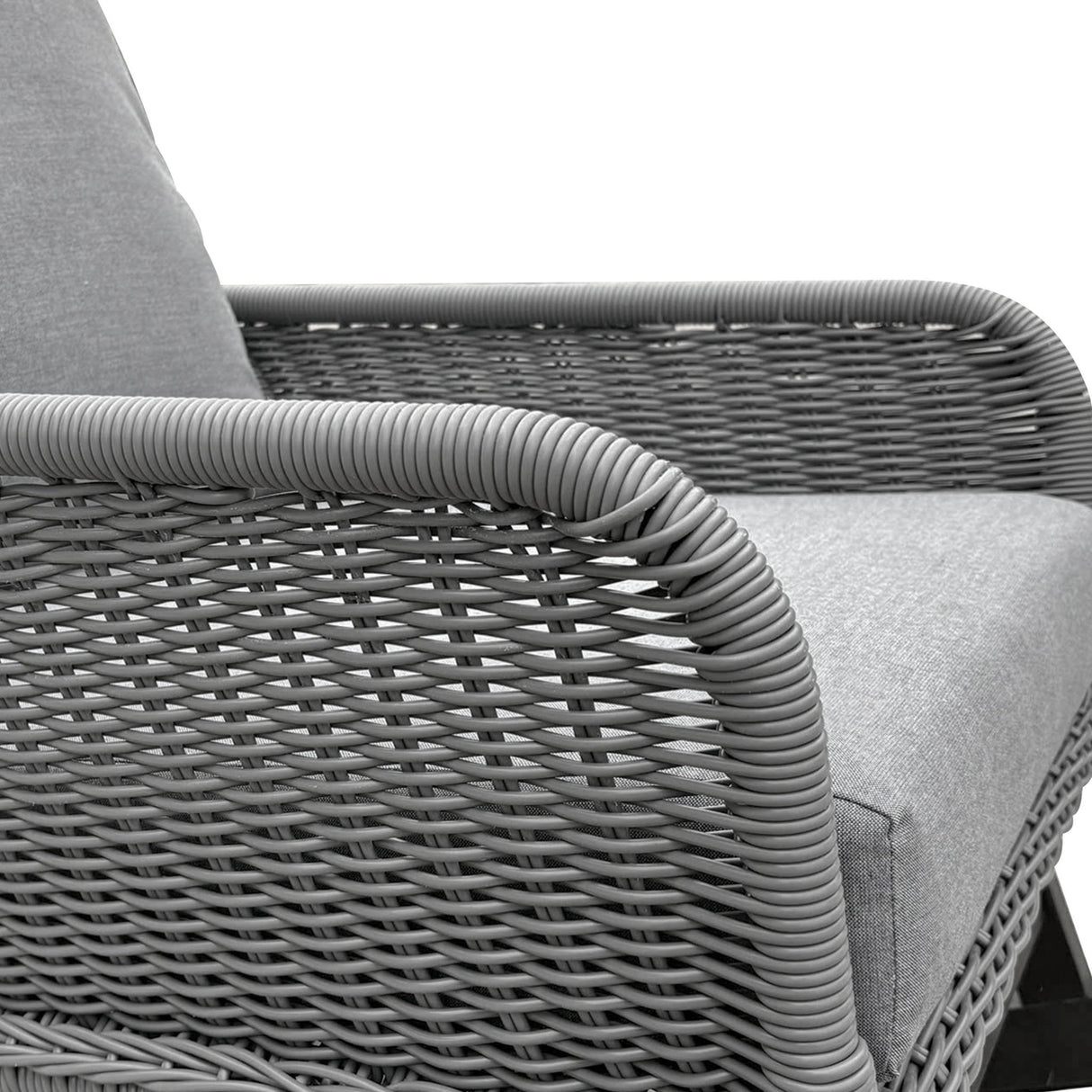 Modern 3 Piece Outdoor Seating Set With Cushioned Rattan Rocking Chairs And Wooden Accent Table