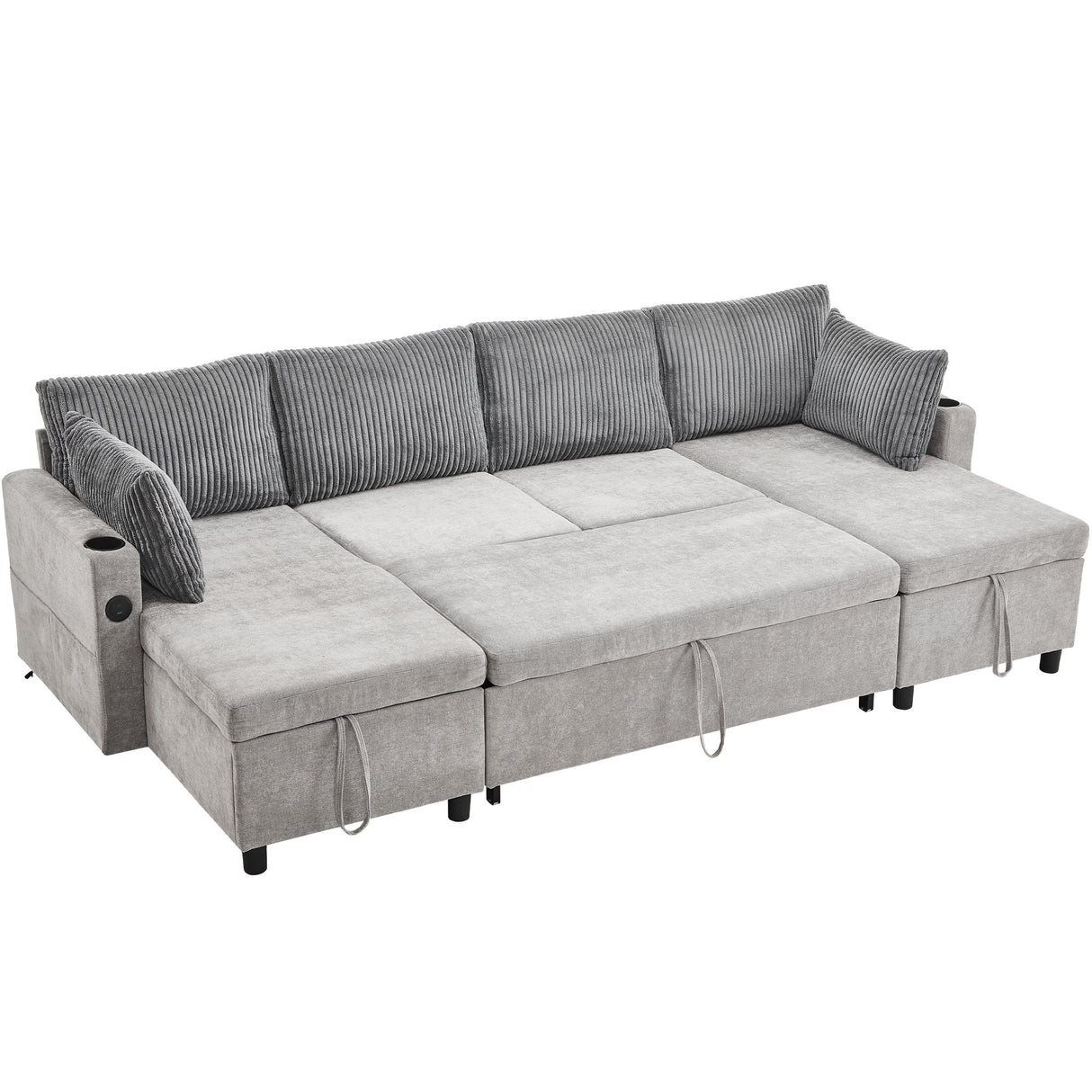 Sectional Sofa Bed With Pull Out Sleeper, USB Ports, Cup Holders