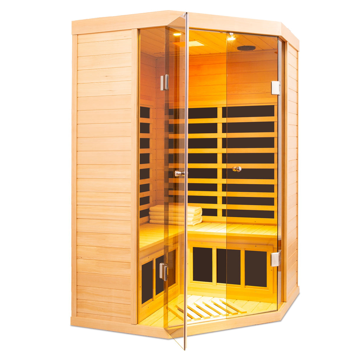 2 Persons Large Glass Front Deluxe Version Hemlock Far Infrared Corner Sauna Room - Natural