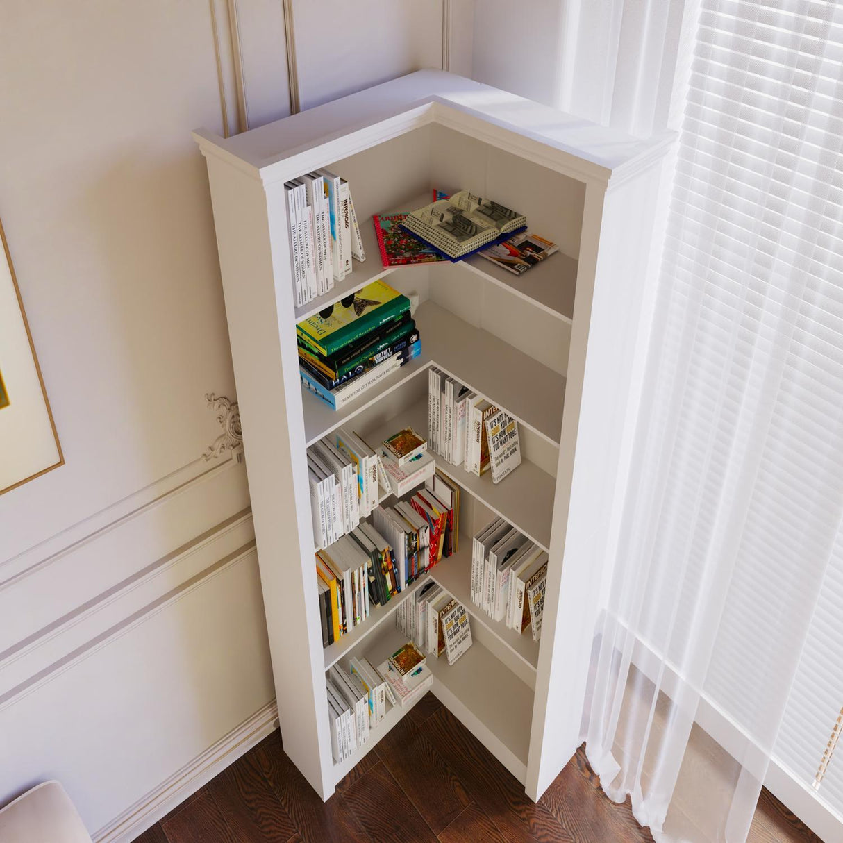 Modern 5 Tier Corner Bookshelf With Adjustable Storage For Bedroom And Living Room - White