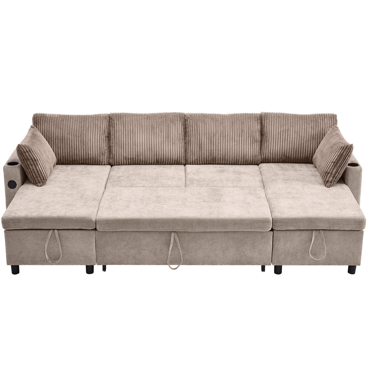 Sectional Sofa Bed With Pull Out Sleeper, USB Ports, Cup Holders