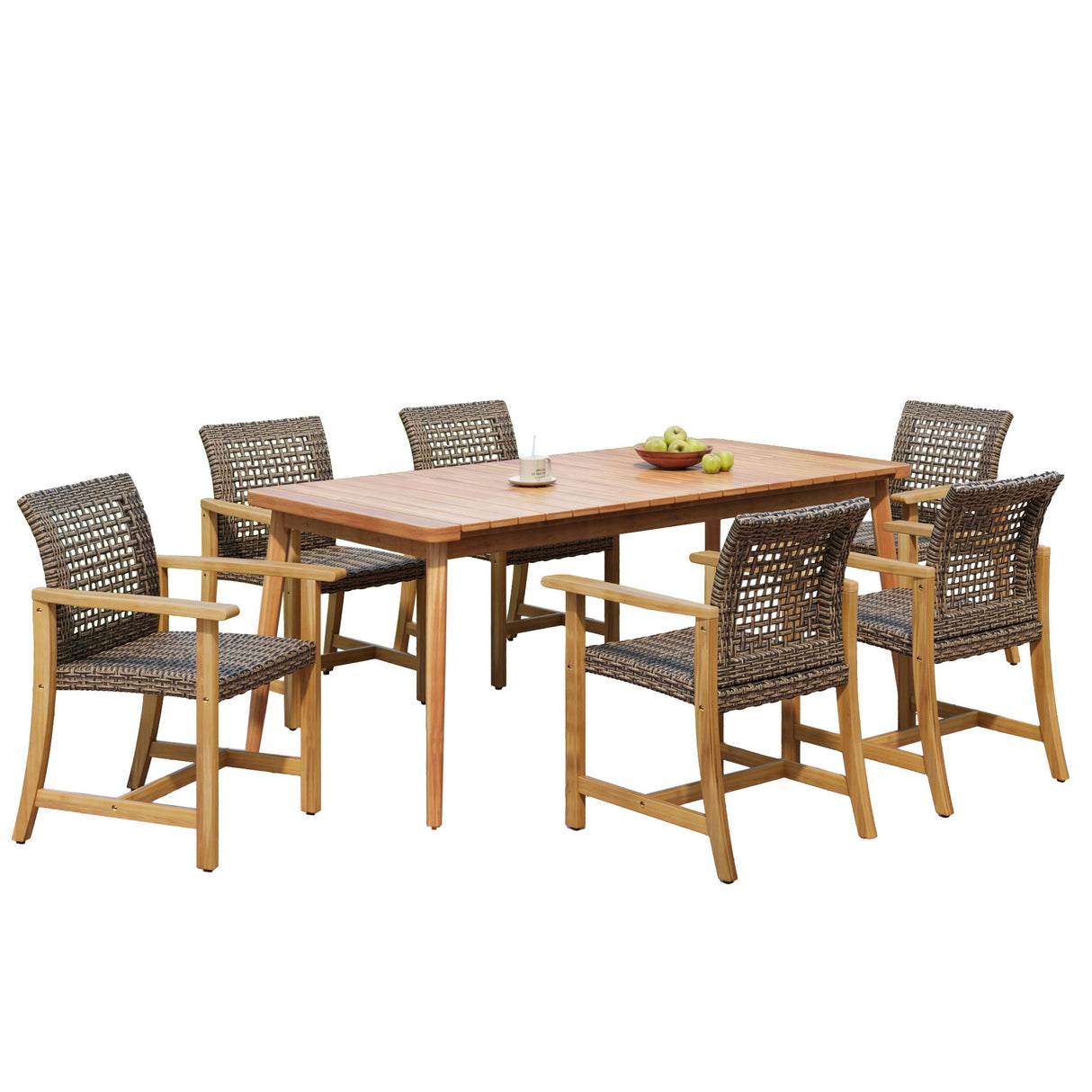 7 Piece Patio Dining Set, Slatted Table & 6 Chairs For Patio Garden - Mocha / Teak