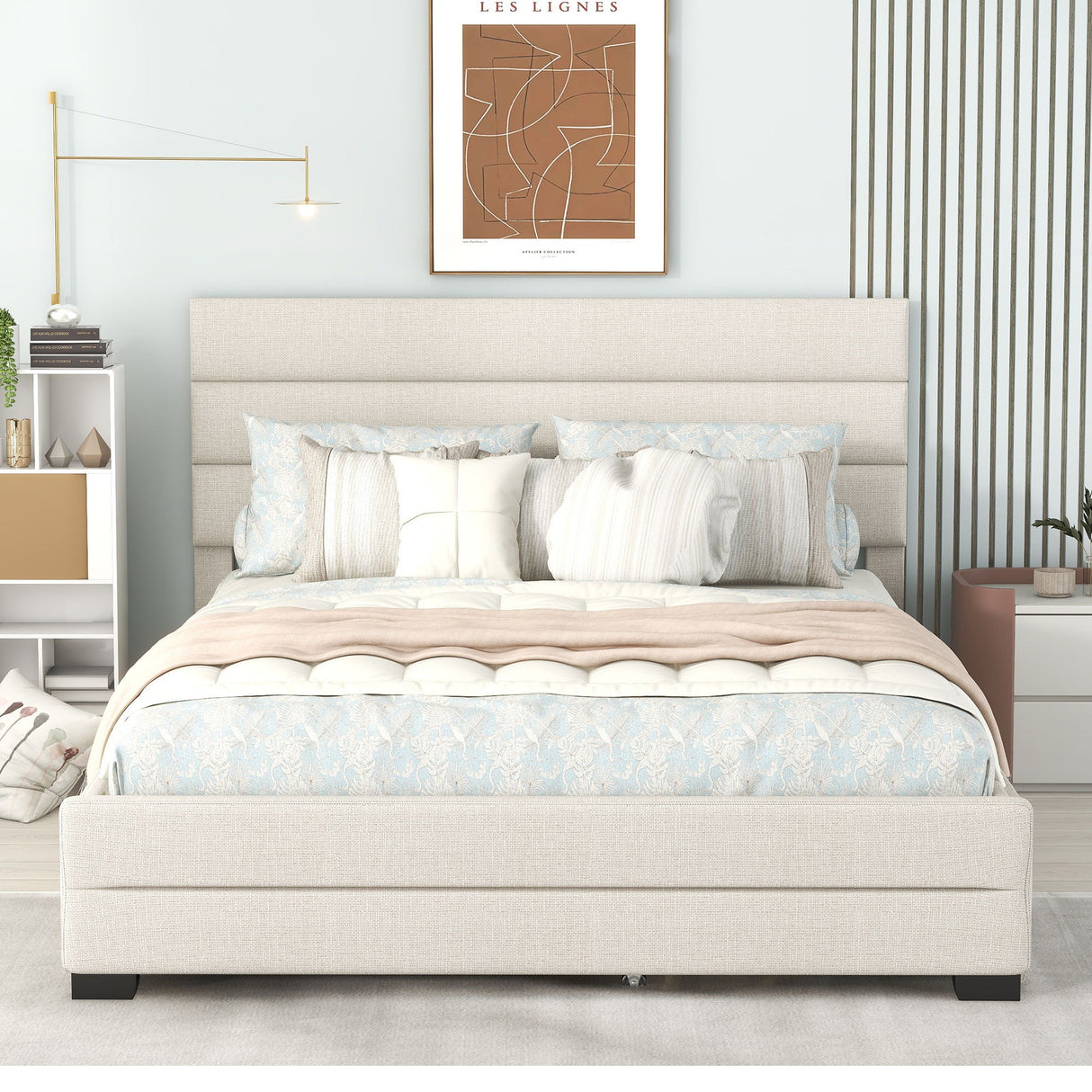 Queen Platform Bed With Twin Trundle And 2 Storage Drawers - Beige