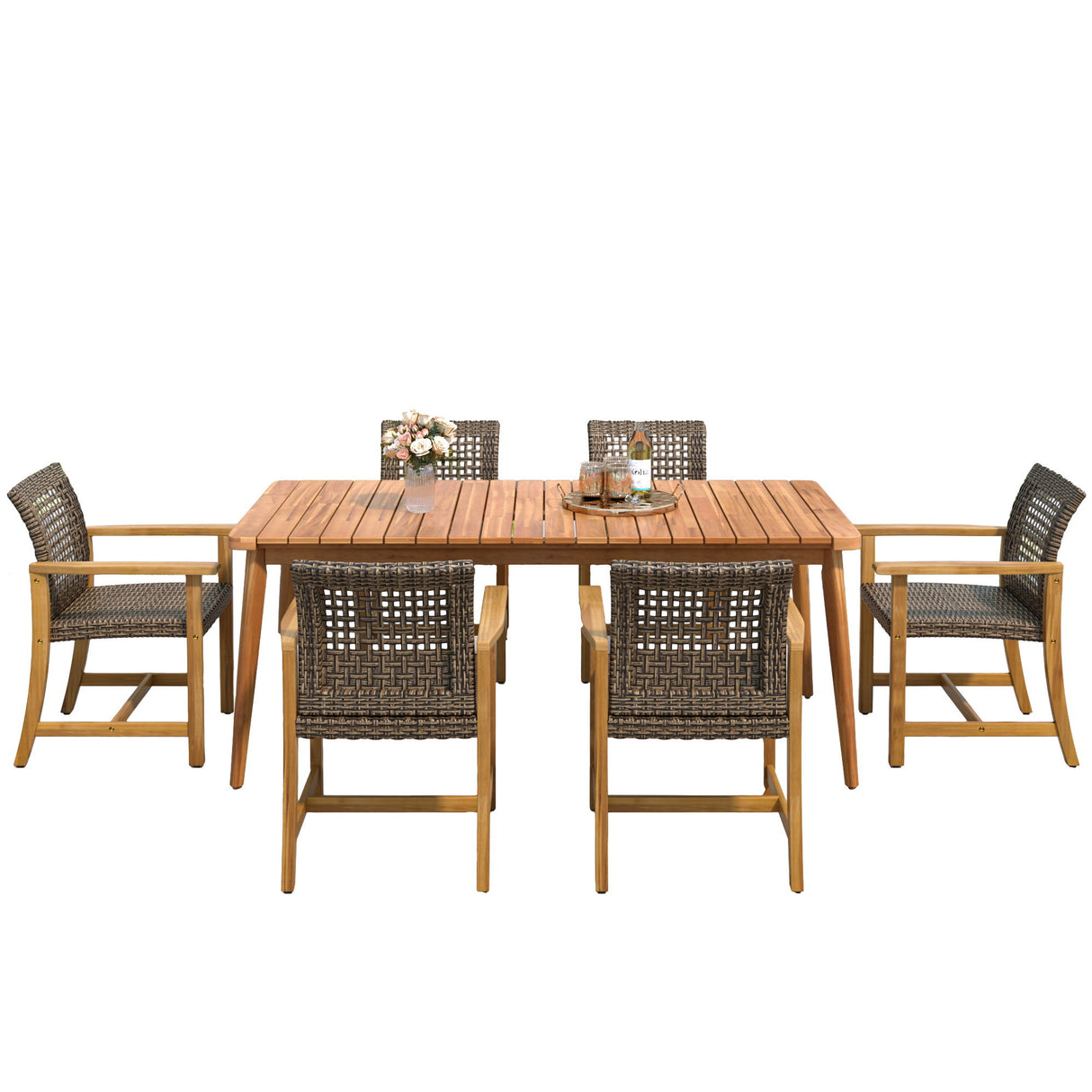 7 Piece Patio Dining Set, Slatted Table & 6 Chairs For Patio Garden - Mocha / Teak