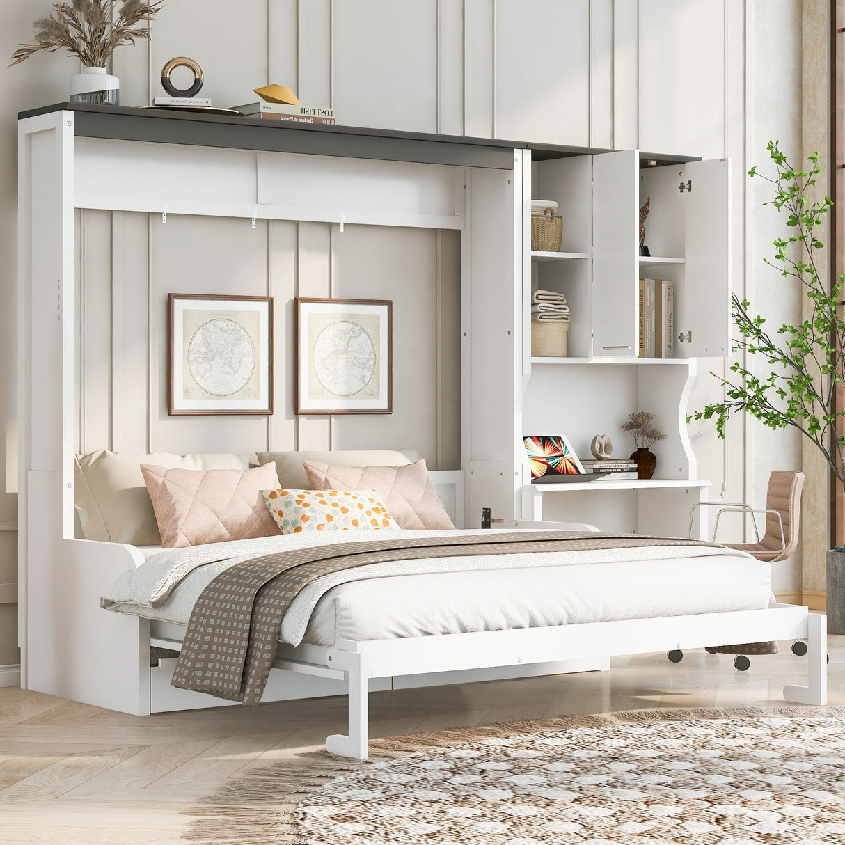 Multi Functional Murphy Bed With Sofa, Desk, And Storage Cabinet, Queen Size - White
