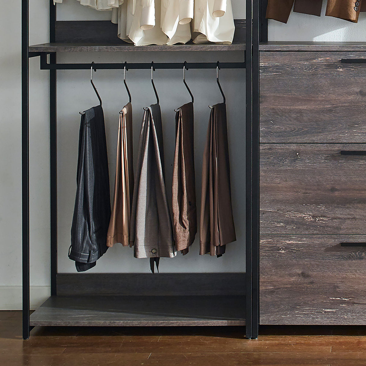 Monica - Wood Walk In Closet System With Powder Coated Metal Frame And Melamine - Rustic