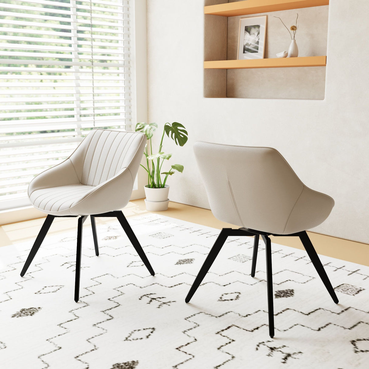 Round Coffee Table With 2 Dining Chairs Set, Ring Striped Design - Beige / Wood