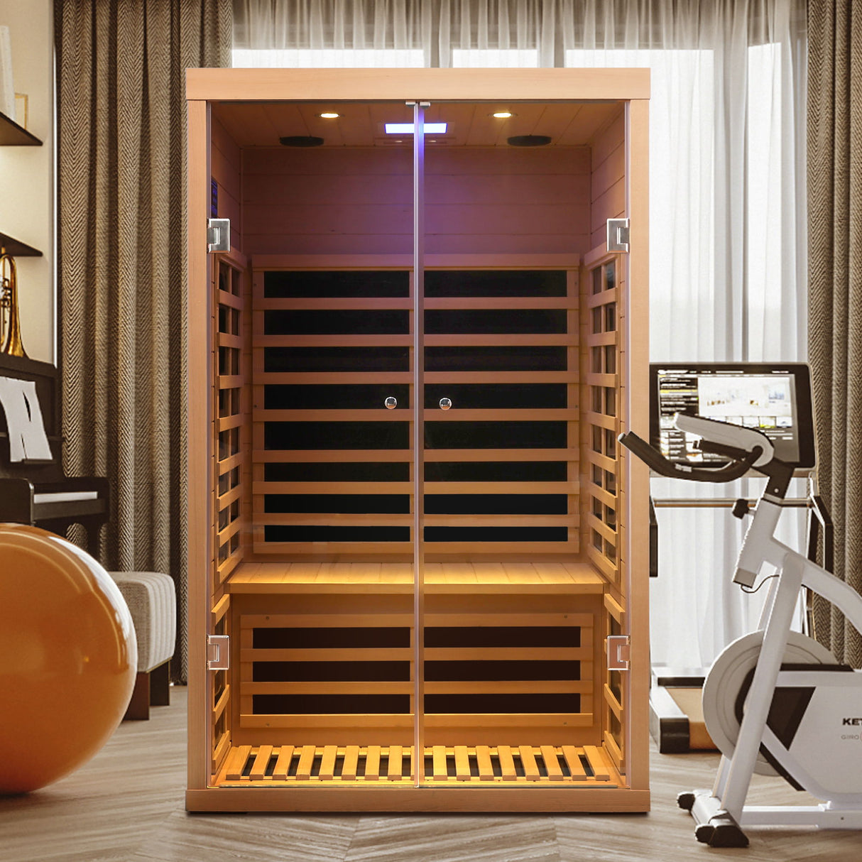 Low EMF, Wide Space Hemlock Double Doors Great Glass Luxury Indoor Far Infrared Sauna Room
