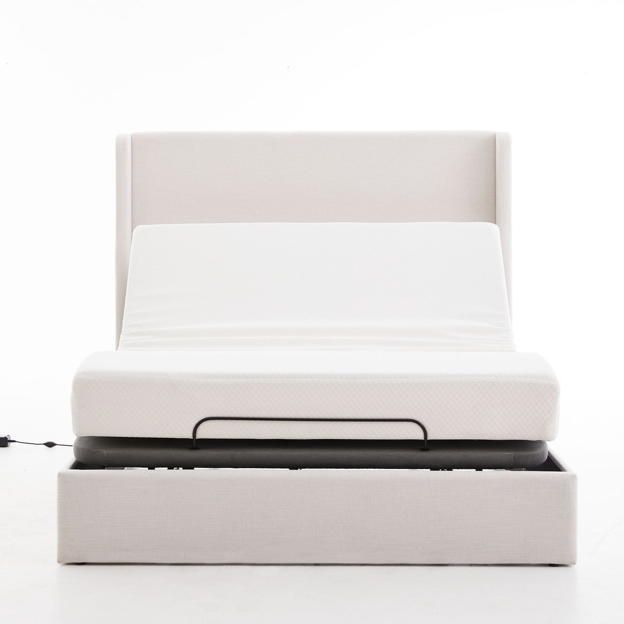 Caron - Queen Size Upholstered Wingback Bed With Adjustable Base Bundle Set - Ivory