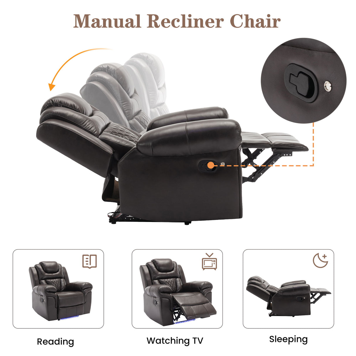 3 Pieces Recliner Sofa Sets Home Theater Seating Manual Recliner Chair & Center Console And LED Light Strip For Living Room - Brown