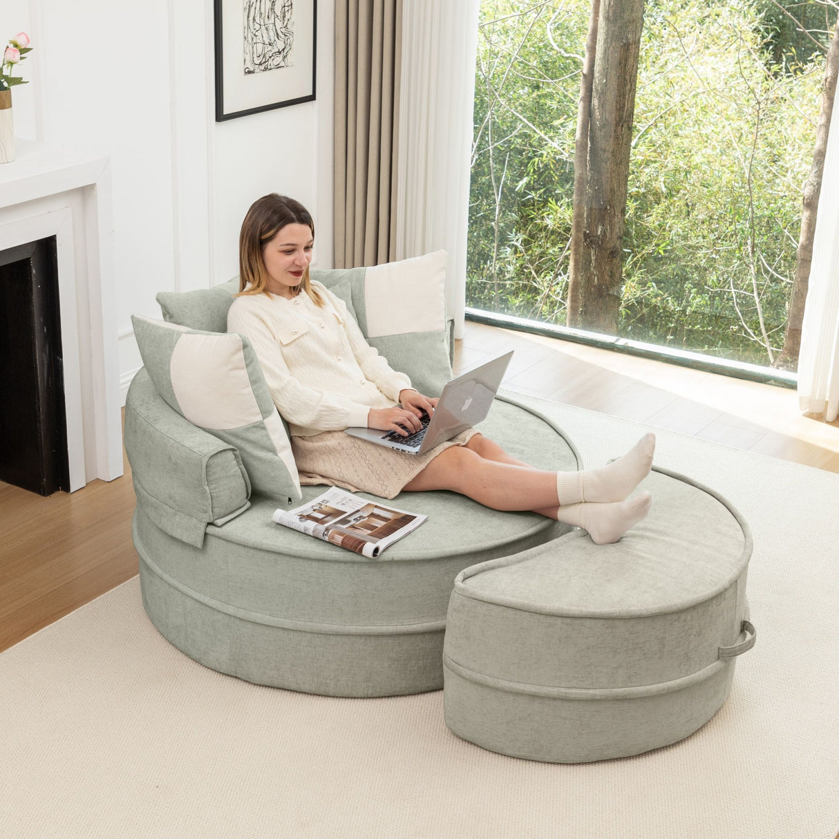 Modern Oversized Round Barrel Accent Chair With Ottoman