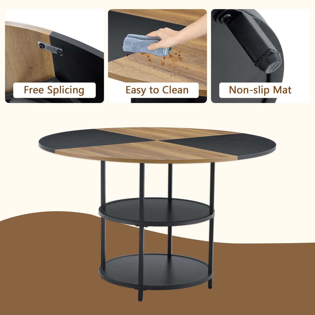 Diameter - Modern Splicing Circular Dining Table Double Layer Storage - Wood / Black