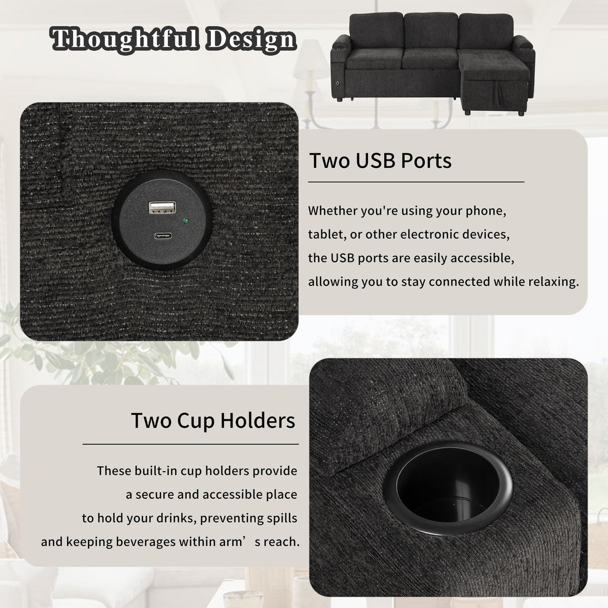 Convertible L Shaped Sofa Couch With Storage, Cup Holders, USB Ports