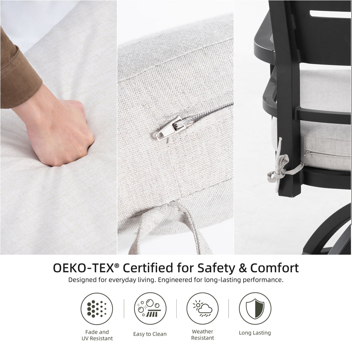 Outdoor Patio Dining Set, Squircle Dining Table, Dining Chairs With Sunbrella Cushions