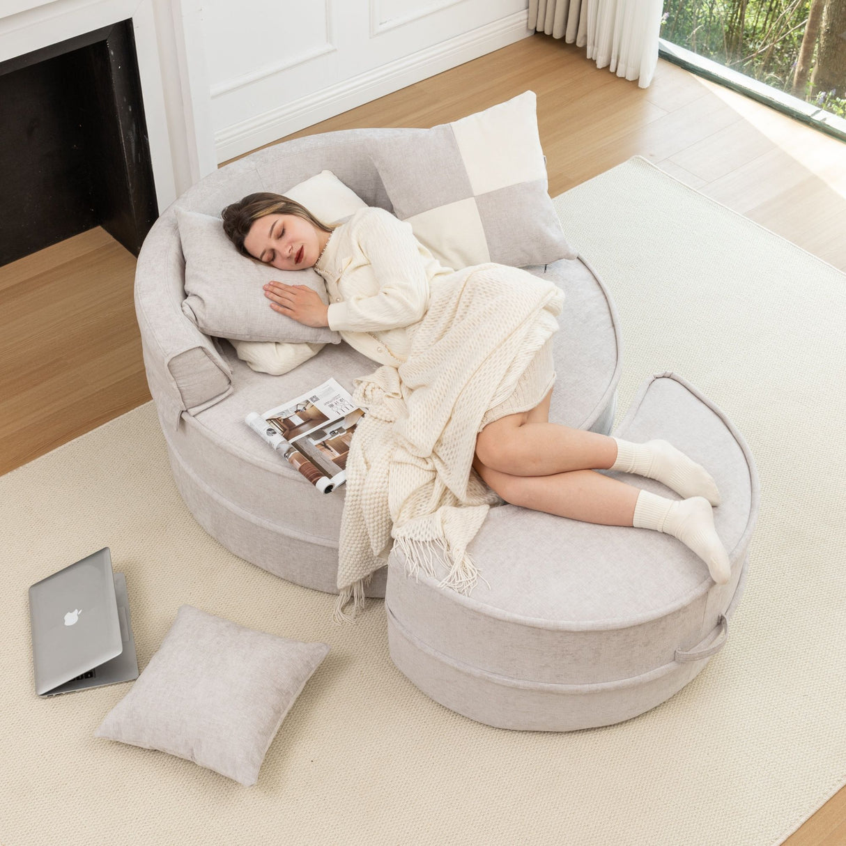 Modern Oversized Round Barrel Accent Chair With Ottoman