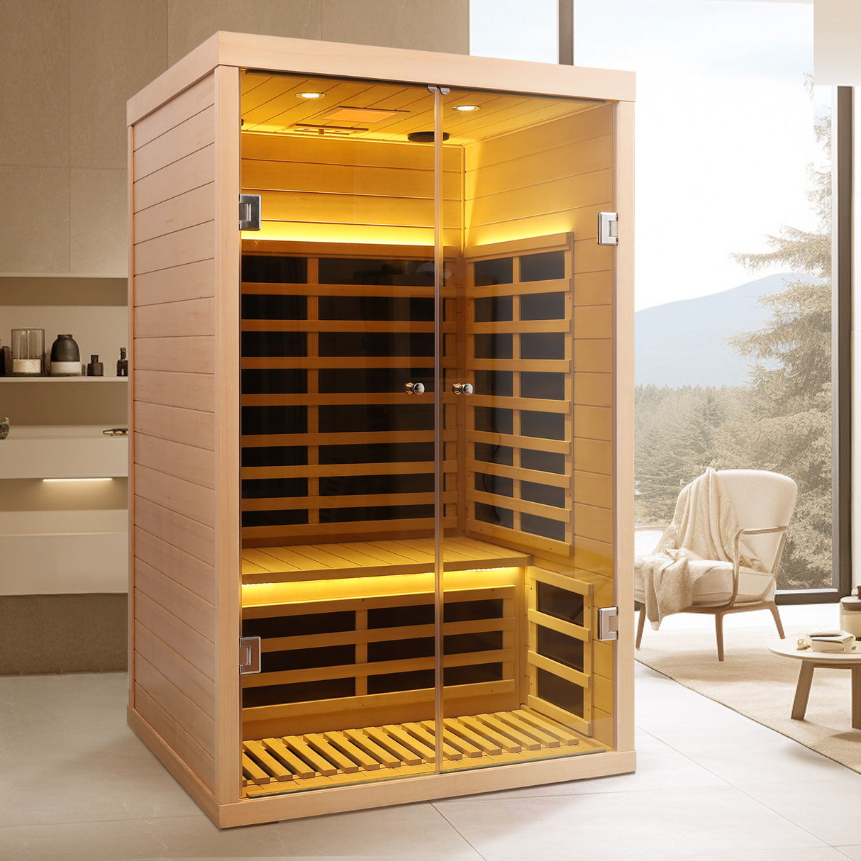 Low EMF, Wide Space Hemlock Double Doors Great Glass Luxury Indoor Far Infrared Sauna Room