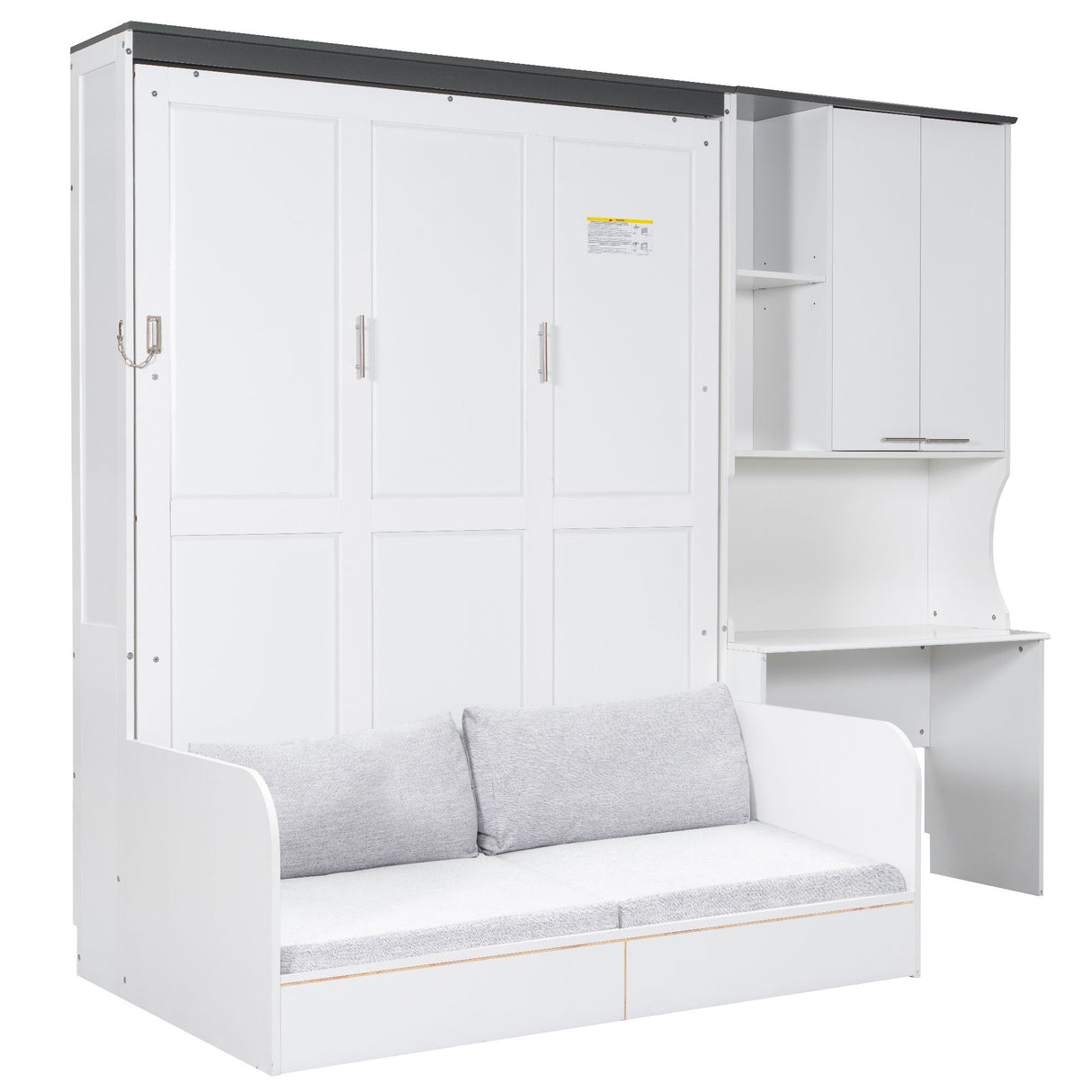 Multi Functional Murphy Bed With Sofa, Desk, And Storage Cabinet, Queen Size - White