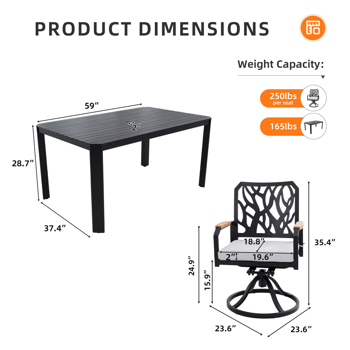 Outdoor Patio Furniture Dining Set With Sunbrella Fabric, Rectangular Table With Umbrella Hole