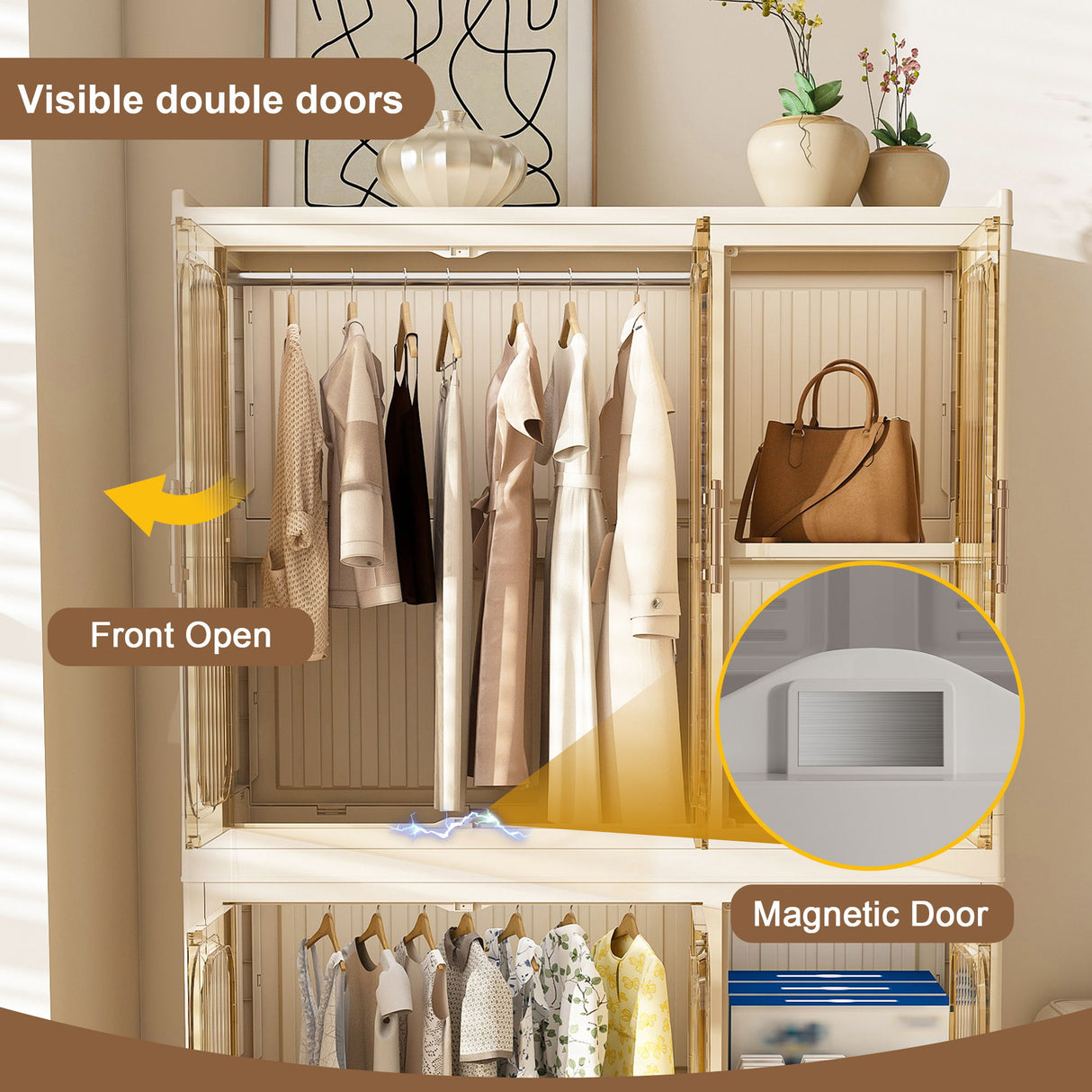 Portable Wardrobe Closet Storage Organizer For Clothes, 6 Magnetic Doors With 6 Cubes & 2 Hanging Rods, 6 Hangers - Cream White