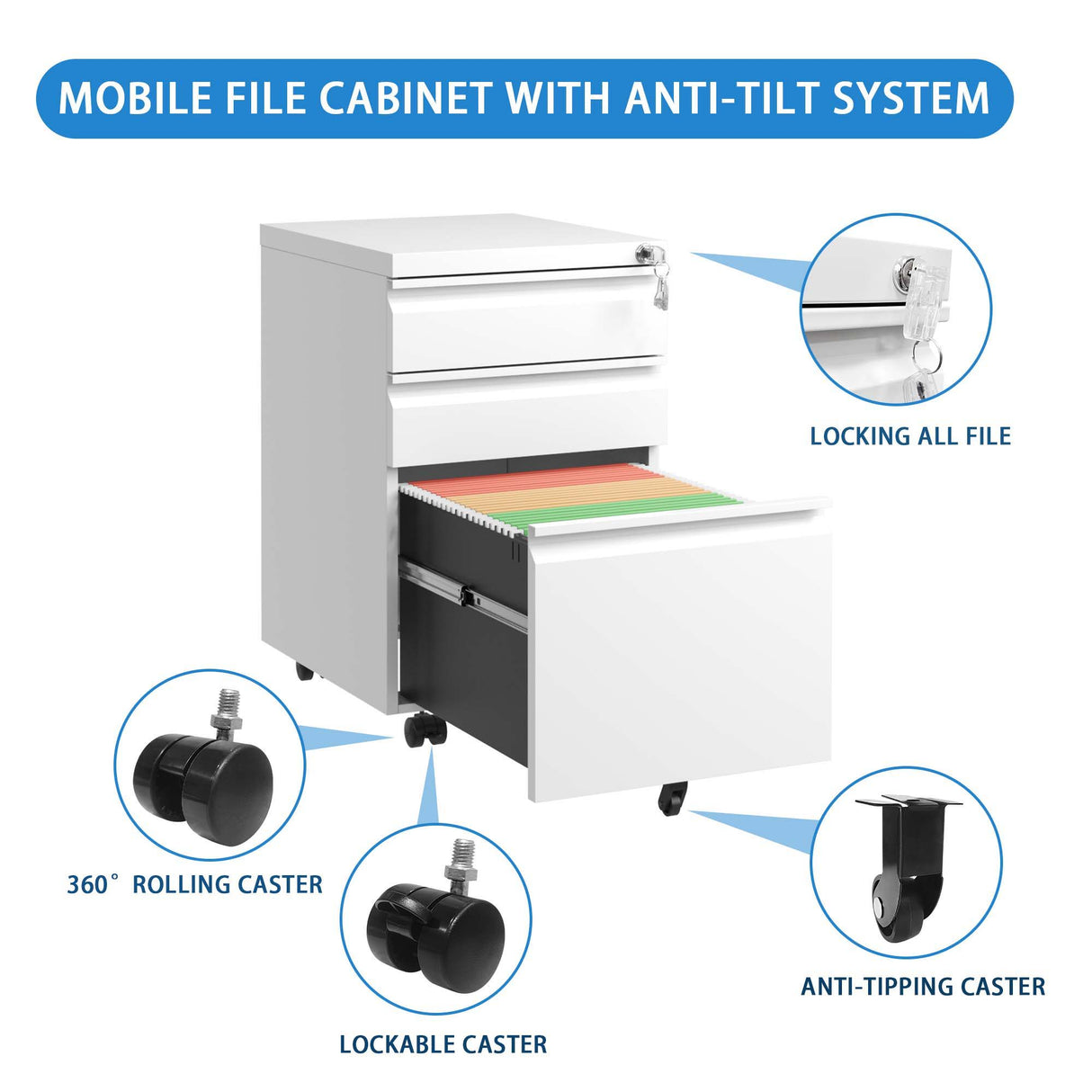 Metal Drawer Mobile File Cabinet With Lock For Home Office Organizer