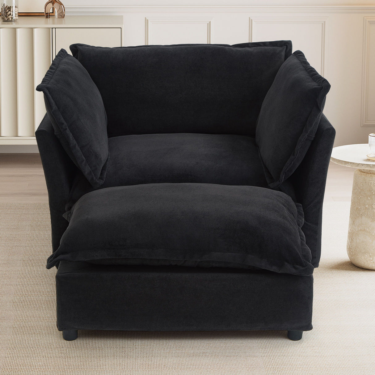 Modern Cozy Upholstered Armchair Sofa With Movable Ottoman