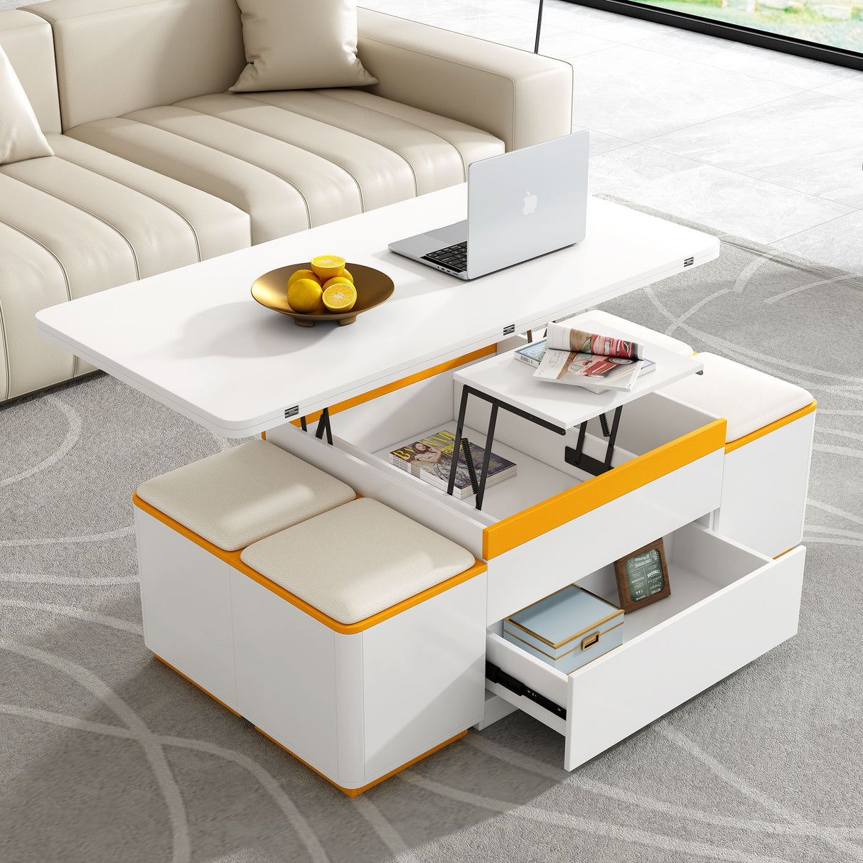 Lift Top Coffee Table With 4 Storage Stools