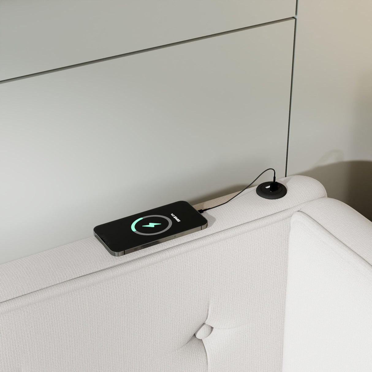 Modern Upholstered Platform Bed With USB Ports And LED Belt