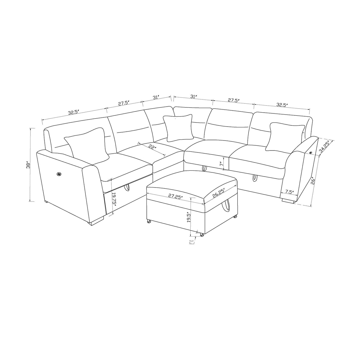 Emiliano - Sectional Sofa With 3 Pillows And Storage Ottoman - Nickel