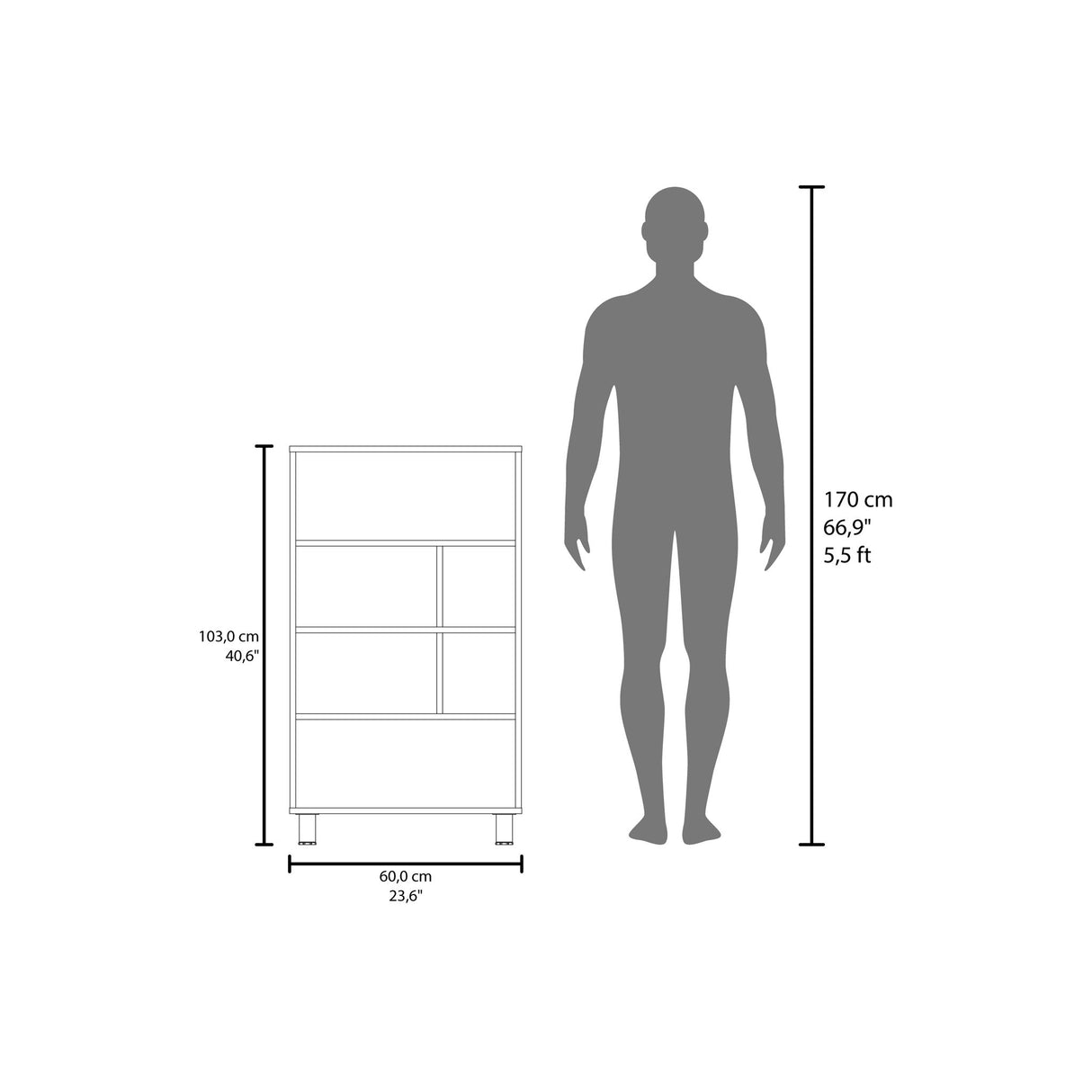 Bookcase, 6 Shelves, 4 Legs - Black