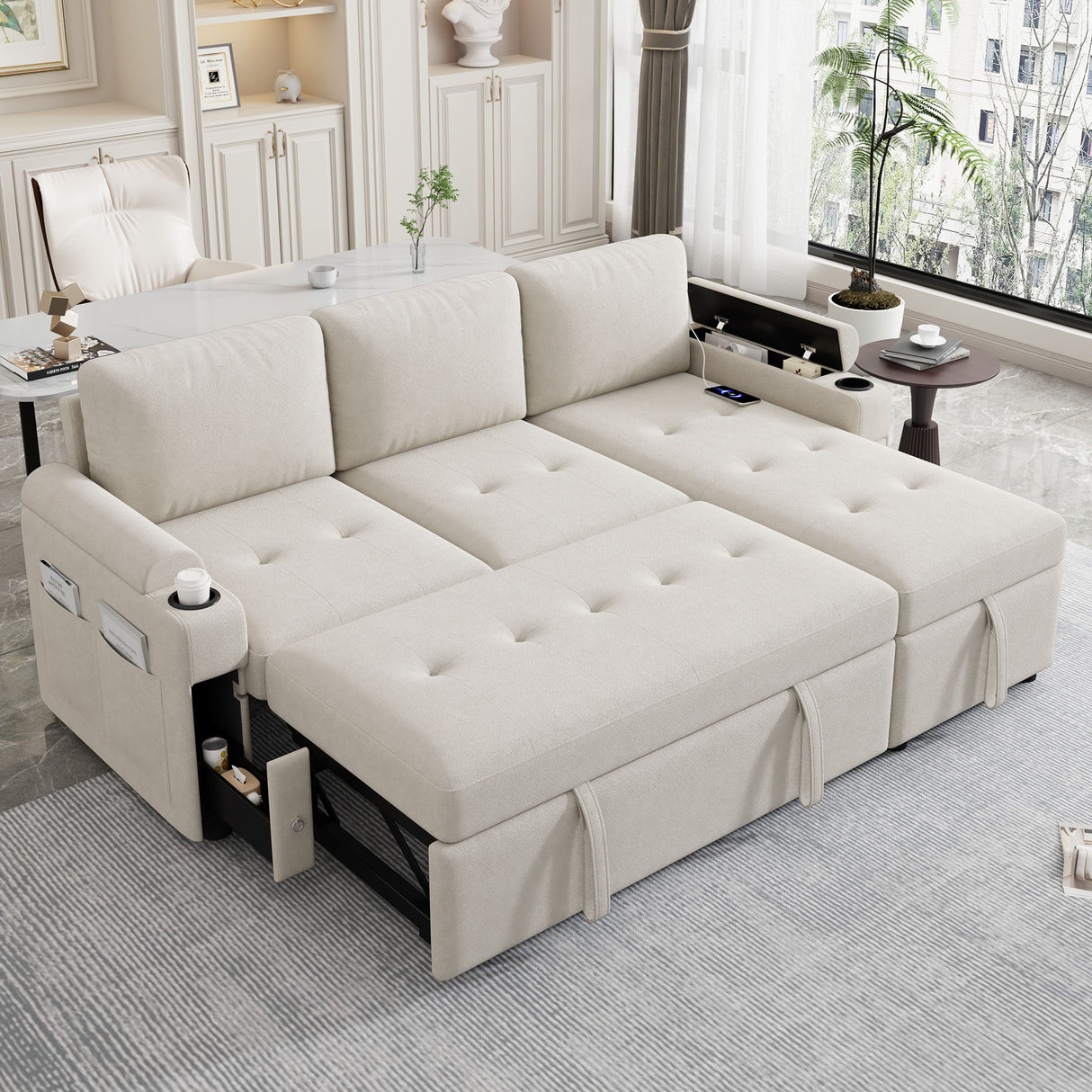 Convertible L Shaped Sofa Couch With Storage, Cup Holders, USB Ports