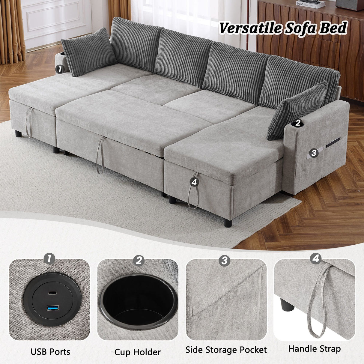 Sectional Sofa Bed With Pull Out Sleeper, USB Ports, Cup Holders