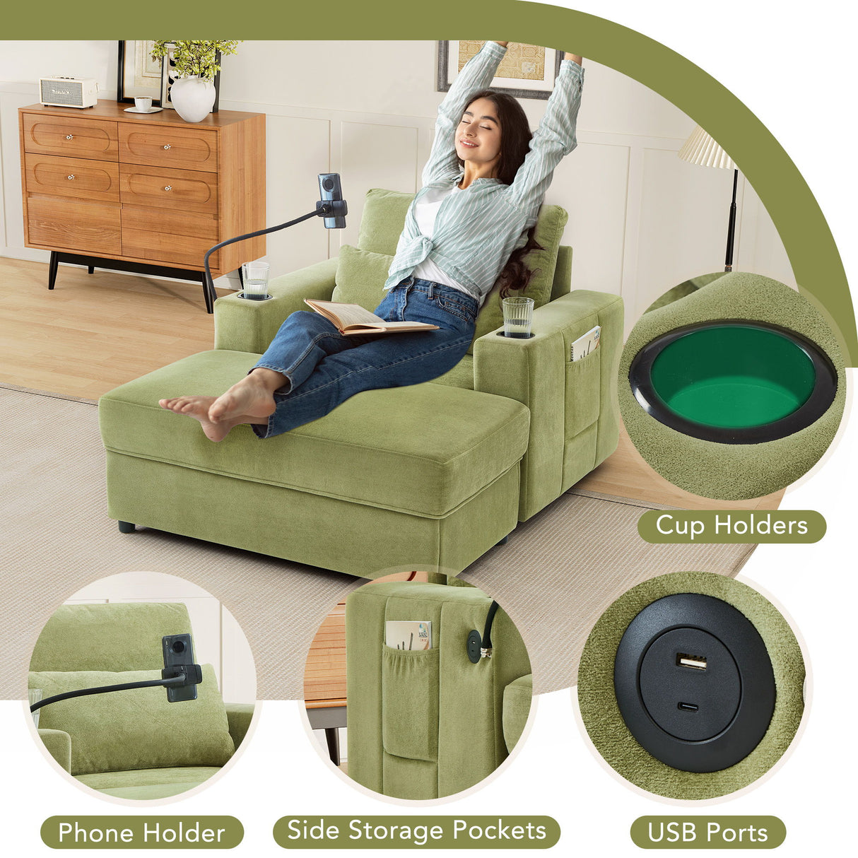 Modern Style Armchair Chaise Lounge Sofa Couch With Movable Storage Ottoman, USB Ports, Cup Holders, Phone Holder, Side Pockets