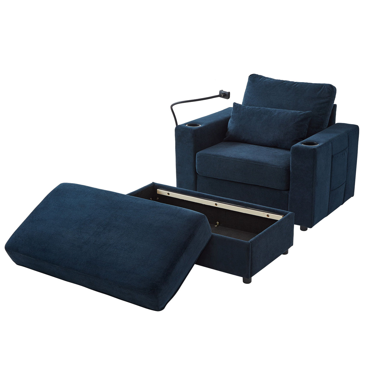 Modern Style Armchair Chaise Lounge Sofa Couch With Movable Storage Ottoman, USB Ports, Cup Holders, Phone Holder, Side Pockets