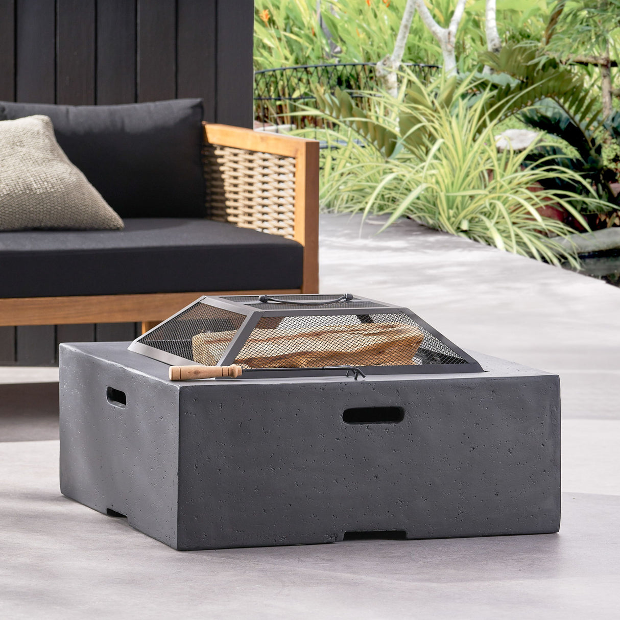 Outdoor Square Mgo Wood Burning Fire Pit - Dark Gray