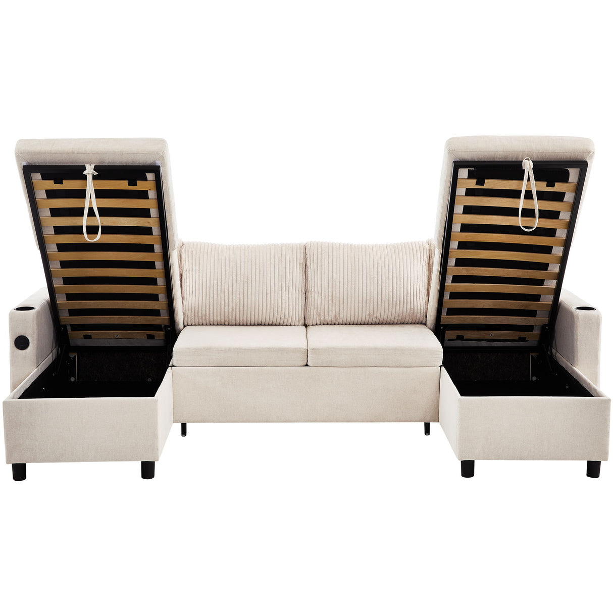 Sectional Sofa Bed With Pull Out Sleeper, USB Ports, Cup Holders