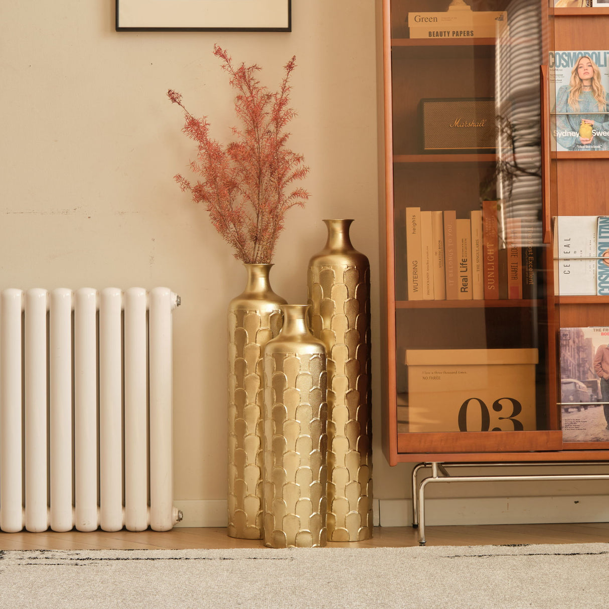 Floor Metal Vases Decorated White Metal Vases (Set of 3) Gorgeous Home Decoration Large Glazed Metal Vases - Golden